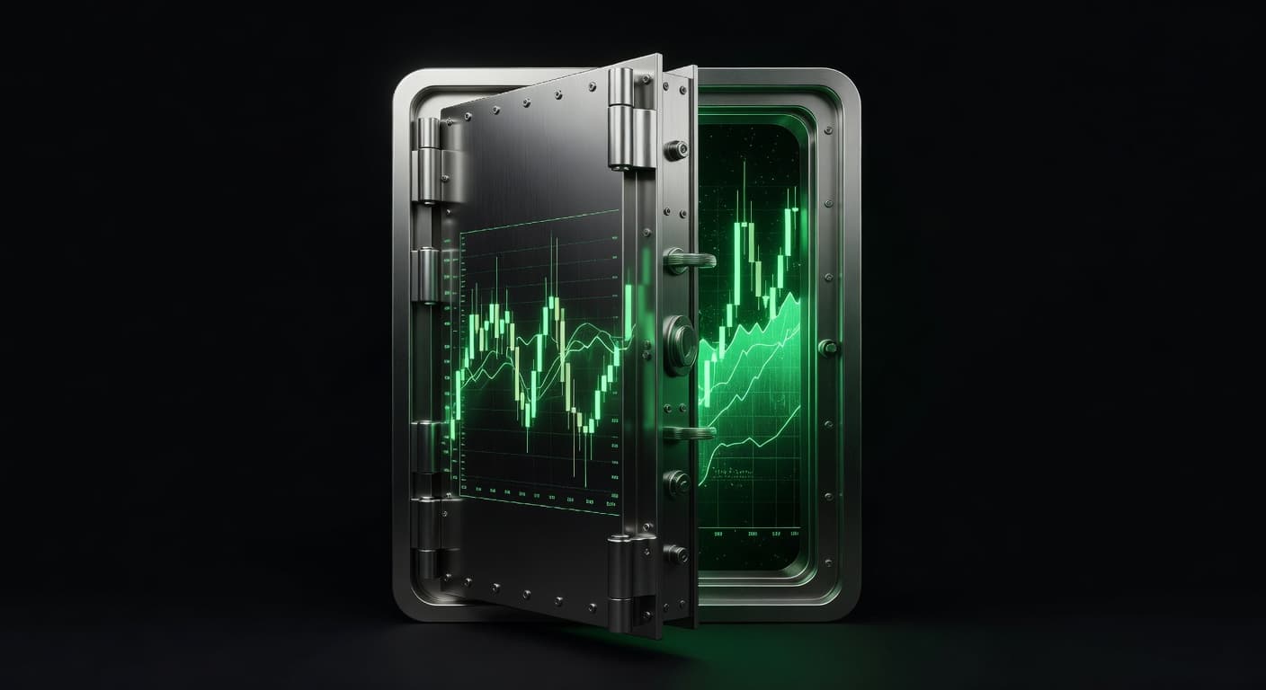 Metal vault door opening to reveal an emerald-green candlestick chart, illustrating broker-verified copy trading security and legitimacy.