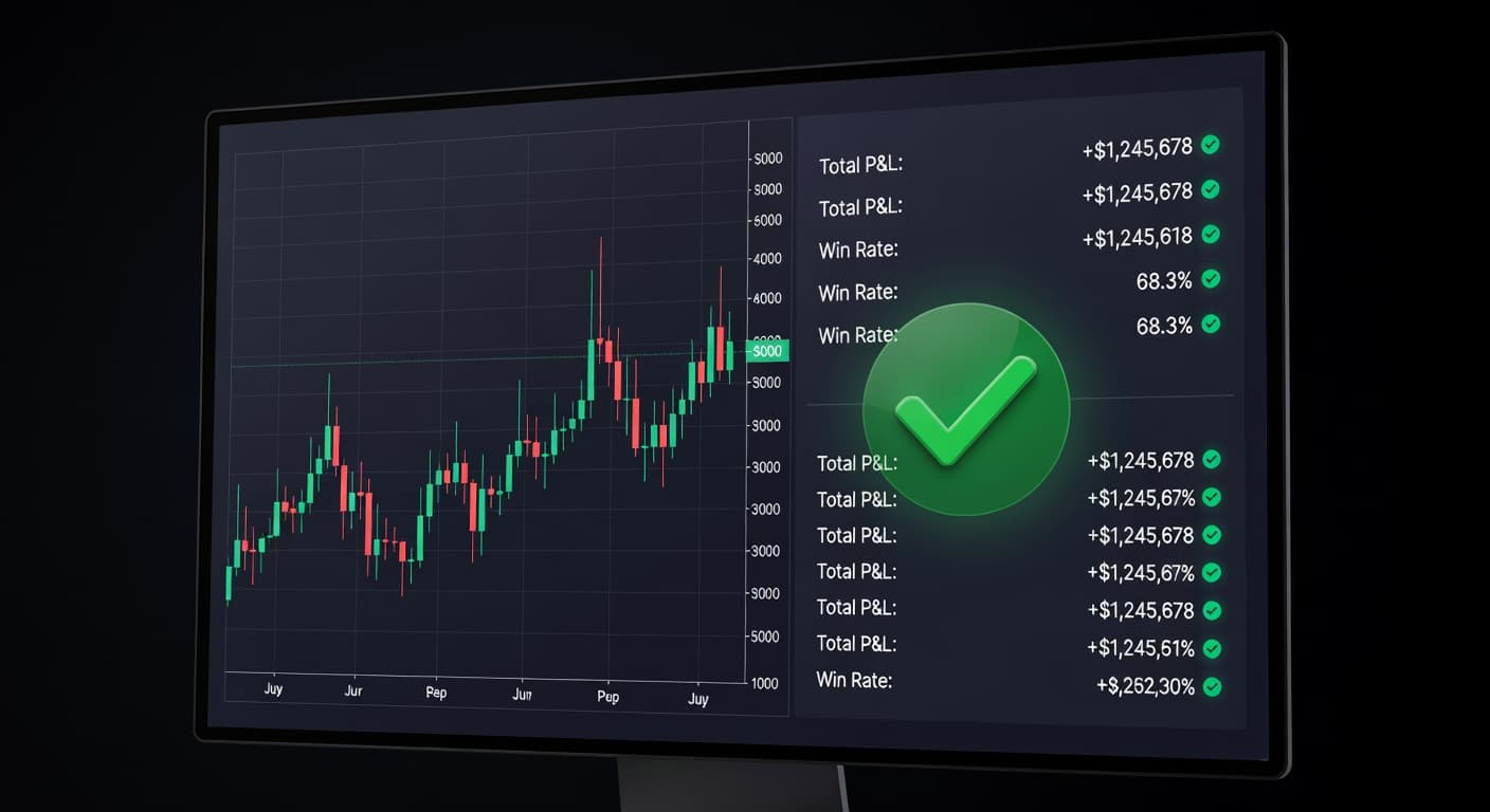 Dark trading dashboard displaying broker-verified analytics with an emerald-green verification seal over P&L performance metrics and candlestick chart.
