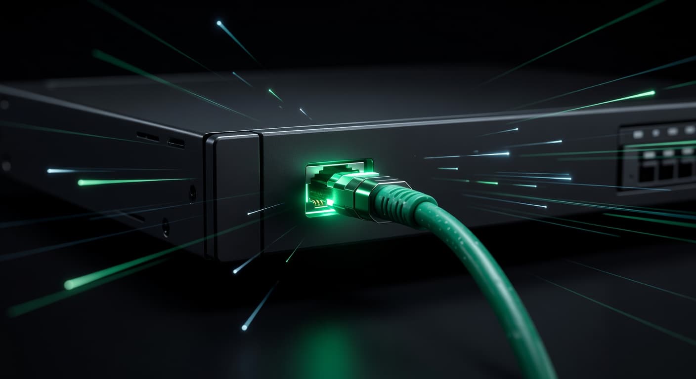 Black server rack with emerald-green fiber optic cable and light streaks representing Alertsify's rebuilt low-latency execution engine for copy trading.