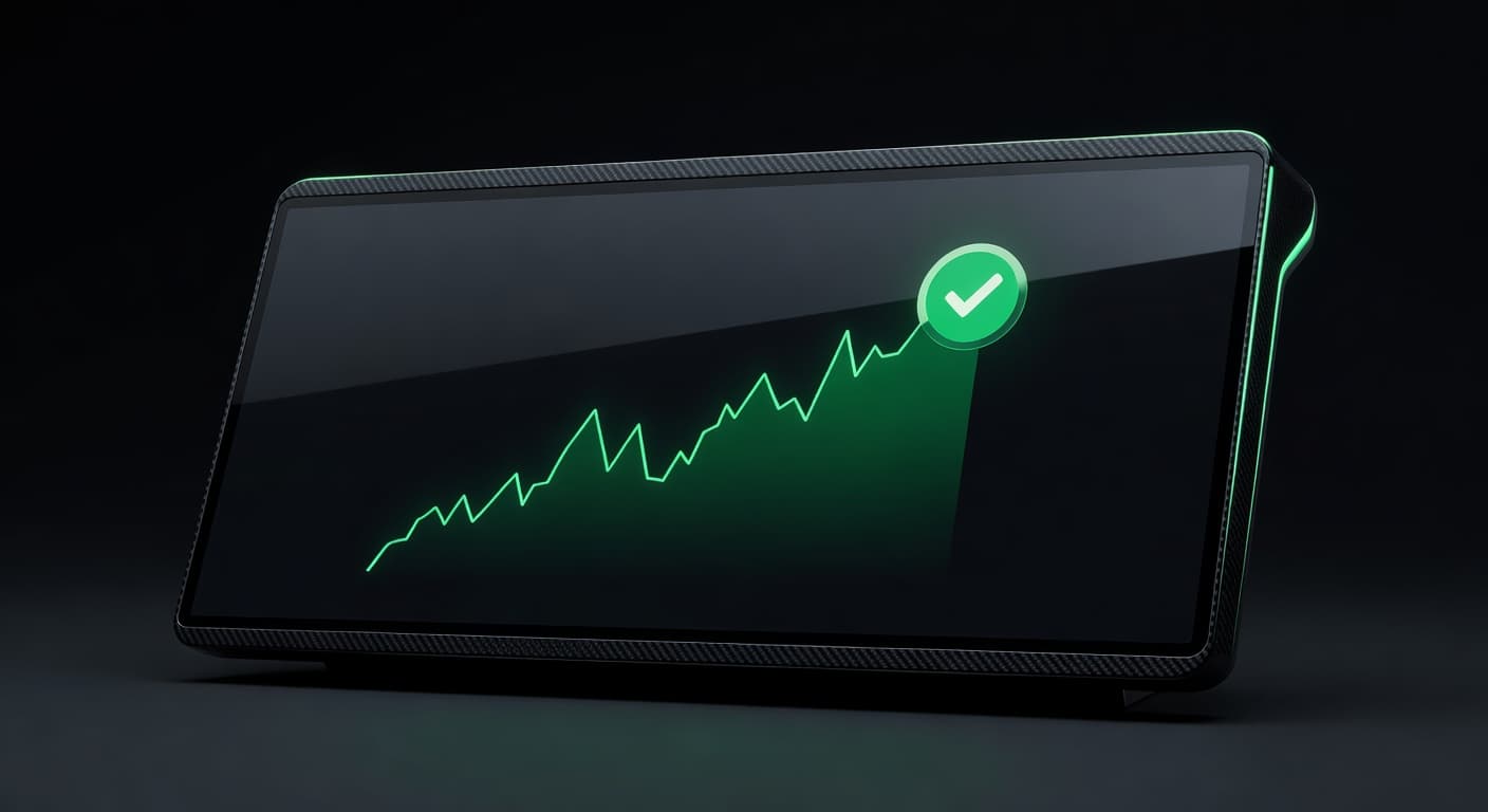 Dark trading dashboard showing verified P&L equity curve with green checkmark badge for Alertsify public trader pages.