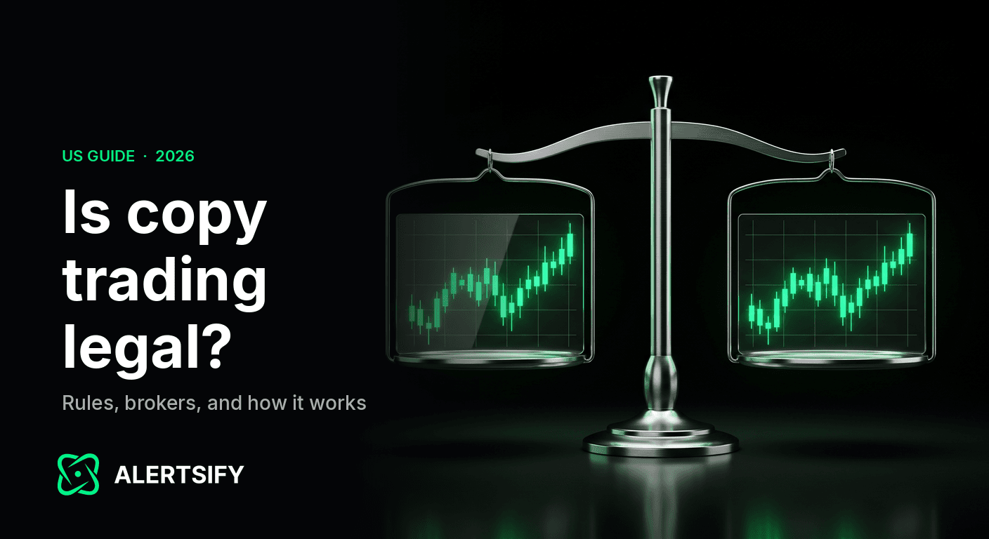 Is copy trading legal in the US? Scales of justice holding two stock charts