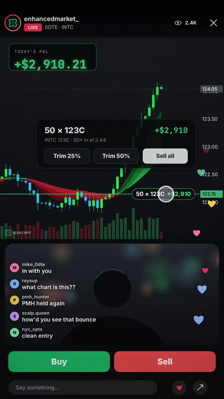 Stream mode on a phone: the chart, today's P&L, the camera and chat