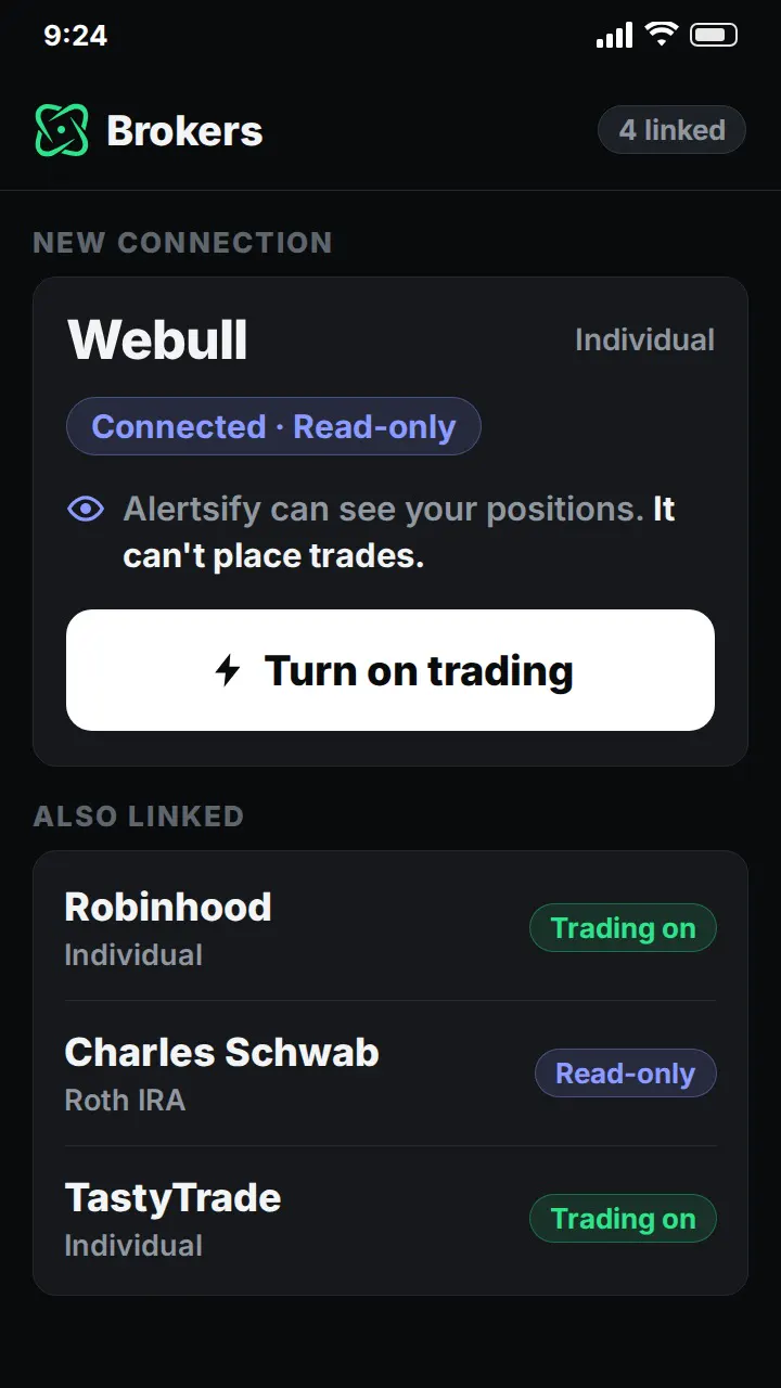 The Brokers screen with a new connection read-only and a Turn on trading button